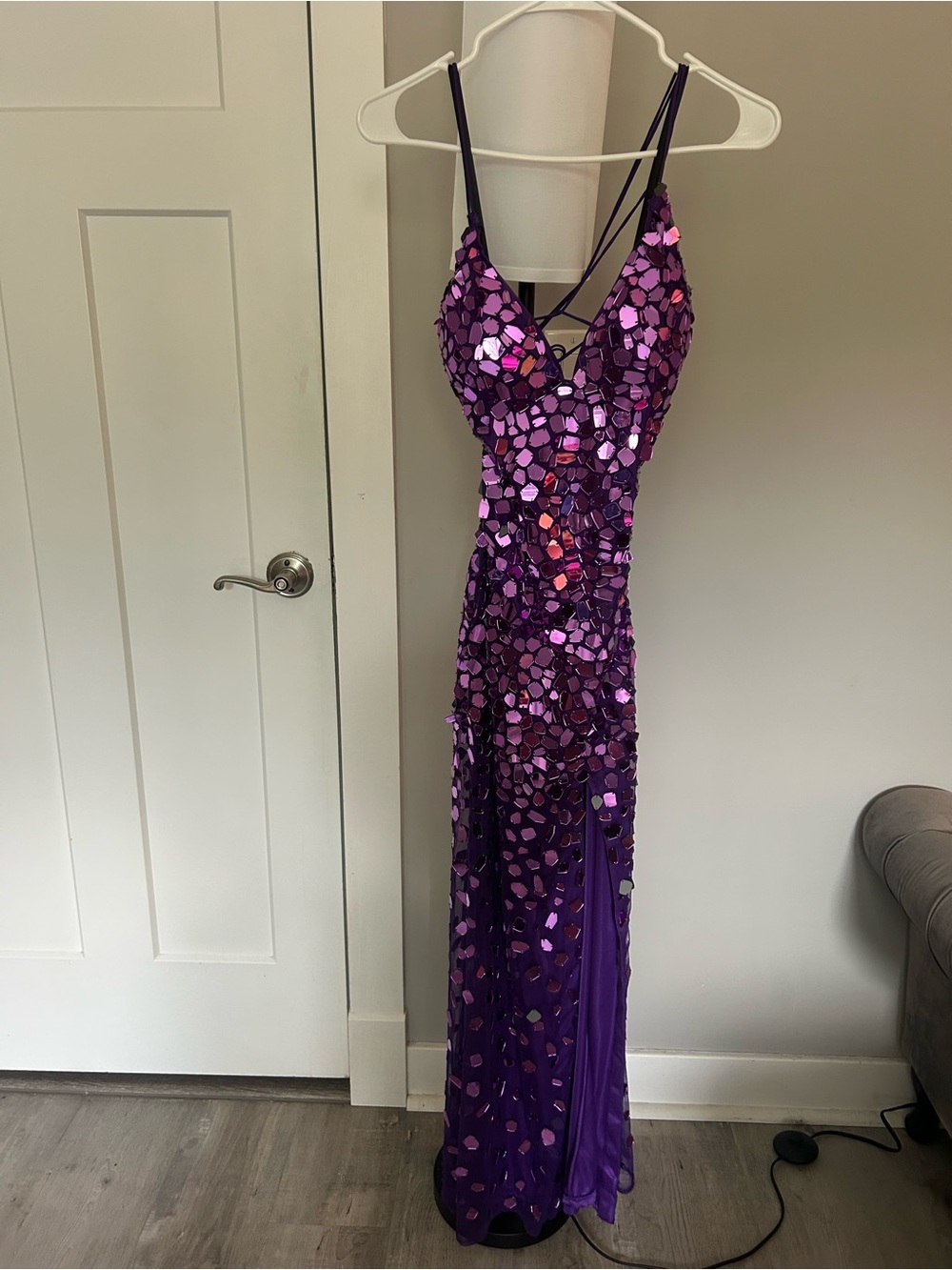 Purple Sequin Evening Dress with Spaghetti Straps